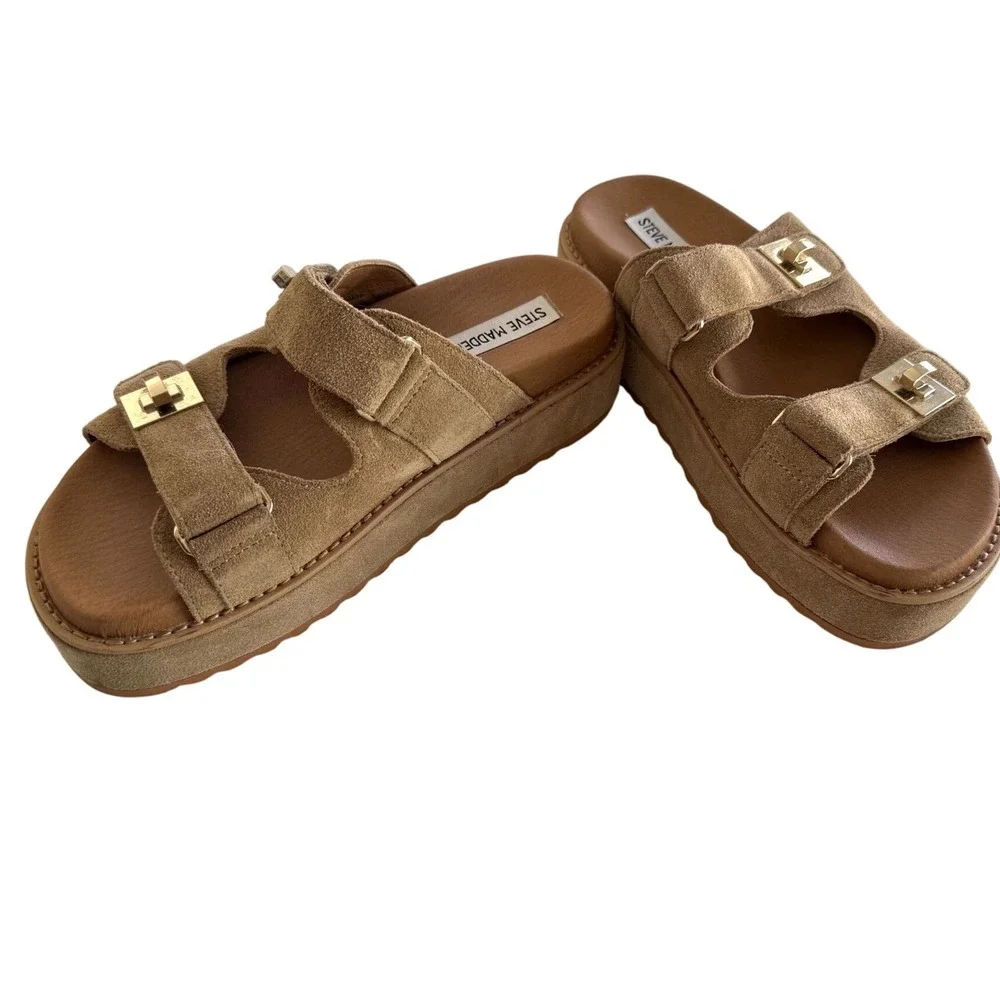 Steve Madden Bigschmona Taupe Suede Platform Slide Sandals Gold Hardware 8.5 - Picture 2 of 8